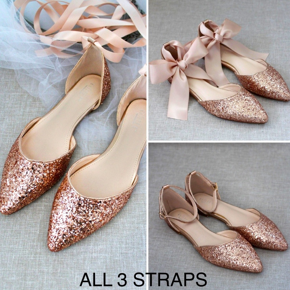 Rose Gold Rock Glitter Pointy Toe Flats w/3 Straps - Size 8. NWOT